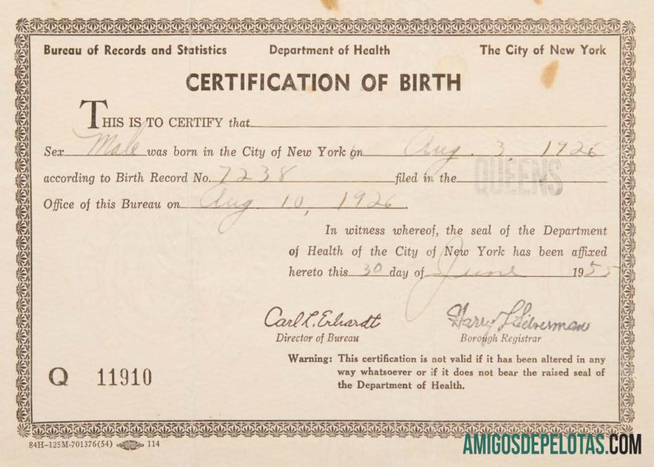 Certificação de Nascimento do Departamento de Saúde de Nova York amostra